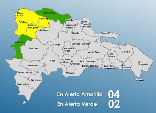 El COE incrementa la alerta verde en varias provincias de República Dominicana ante lluvias provocadas por un sistema frontal y una vaguada.